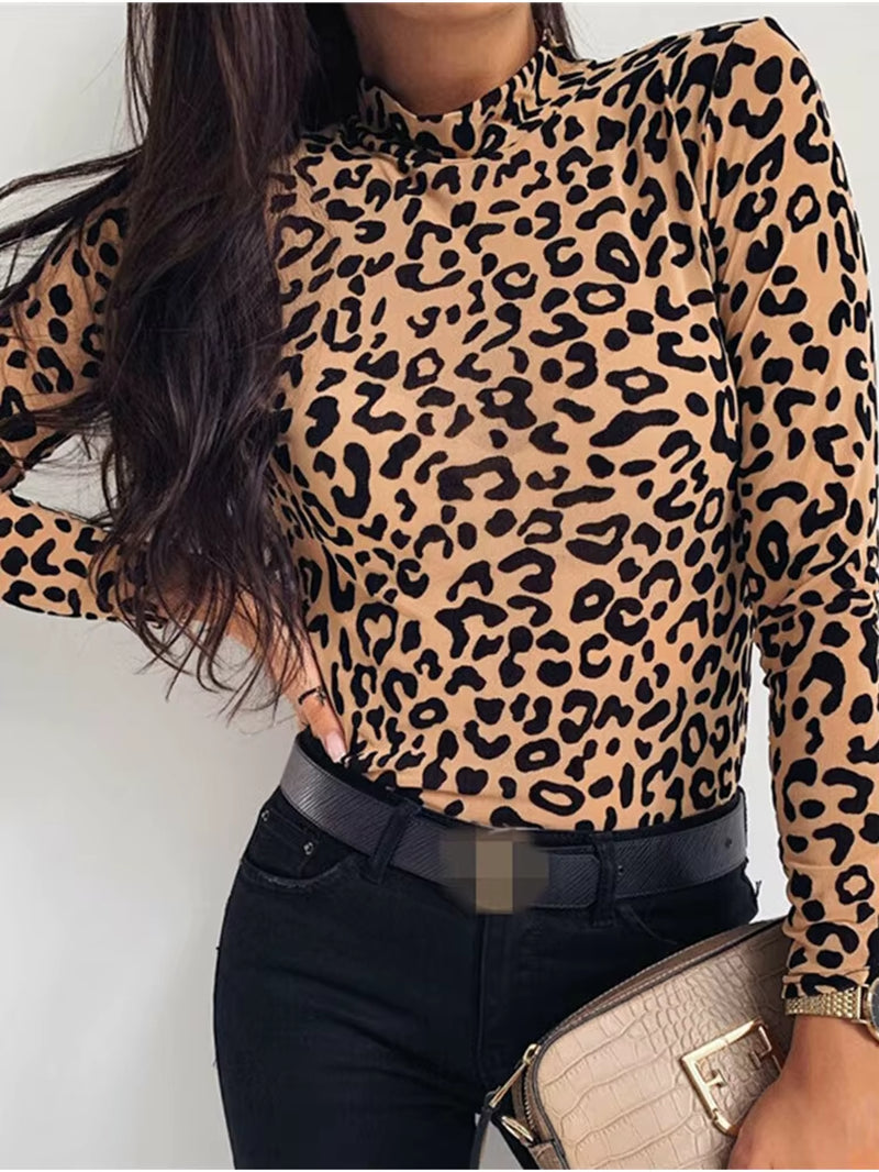 Leopard Print Turtle Neck Blouse 