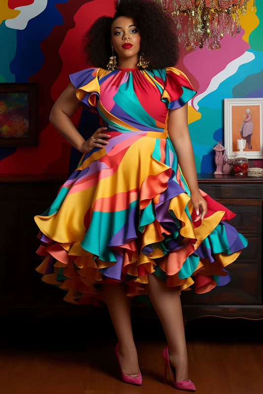 Pleated A-Line Ruffle Dress plus Size Vintage Multicolor round Neck Petal Sleeve Short Sleeve Elegant Sweet Satin Midi Dress