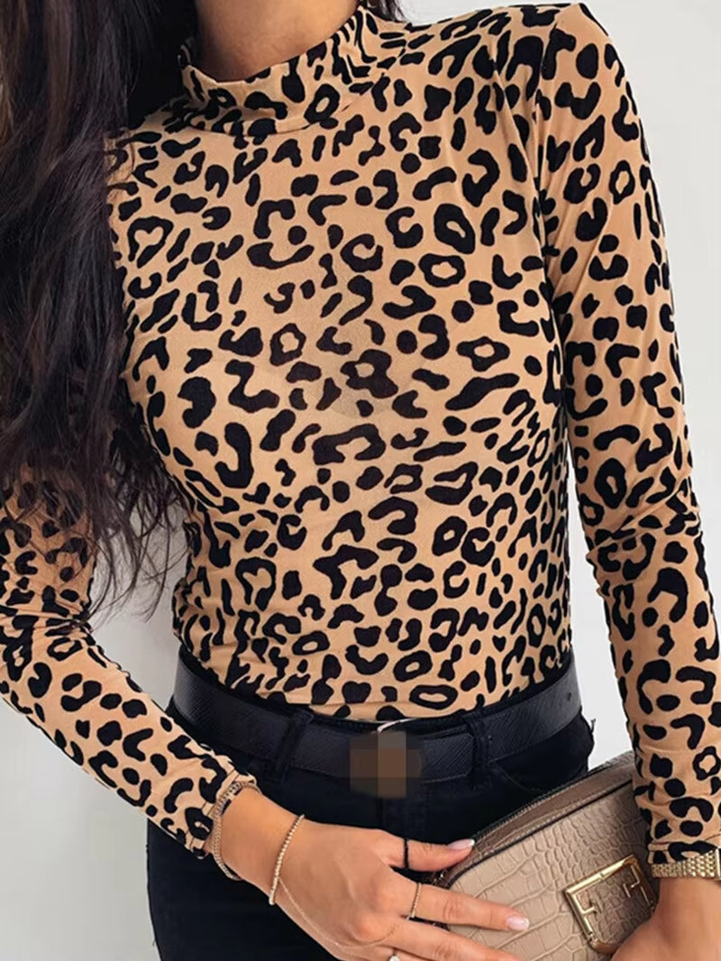 Leopard Print Turtle Neck Blouse 