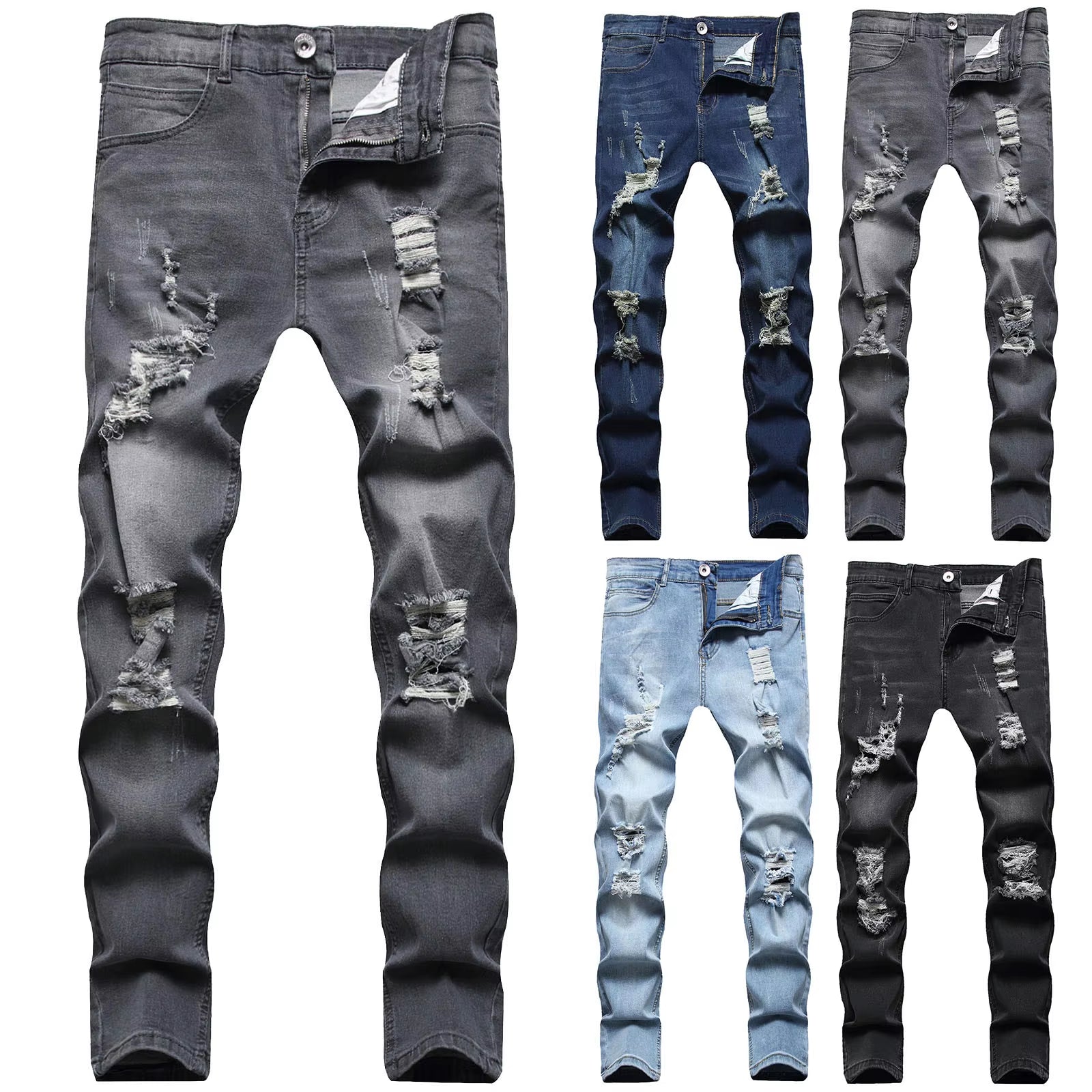  Ripped Denim Slim Fit Retro Jeans 