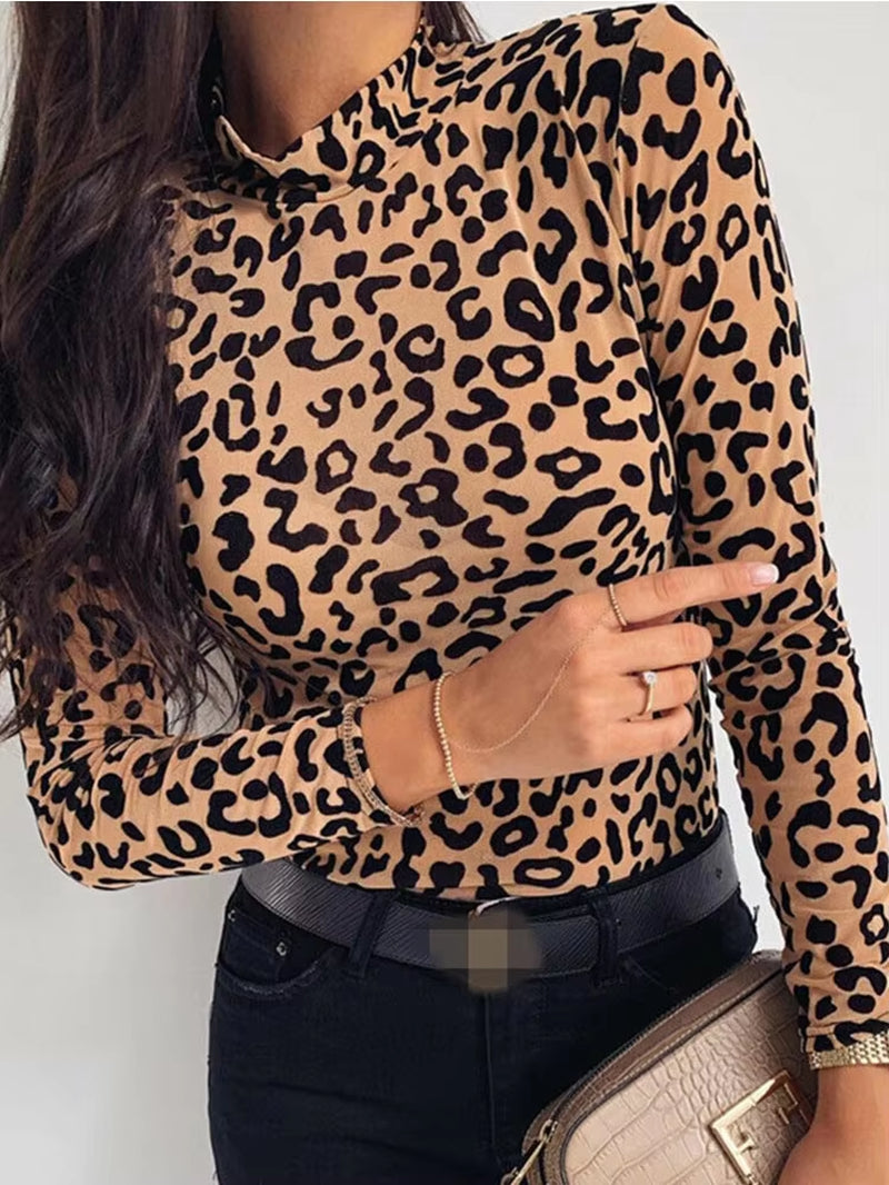 Leopard Print Turtle Neck Blouse 